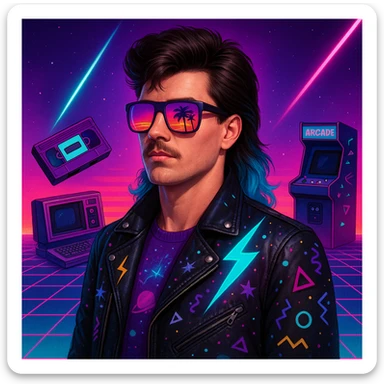 retro-futuristic 80s man with mullet hairstyle with neon blue ends, airbrushed sunglasses with pink to violet gradient and palm/sunset reflection, leather jacket with lightning, cosmic, and Memphis Design elements, neon gradient background with perspective grid, laser beams, cassettes, arcade games, Commodore 64, electric blue, fuchsia, turquoise, ultraviolet colors sticker