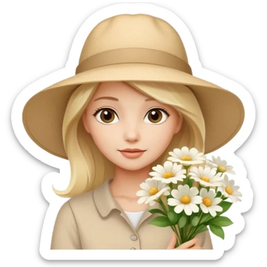 beautiful blonde girl in a summer beige hat with a bouquet of white flowers sticker