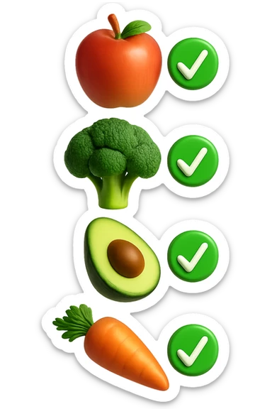 emoji stile iphone in 3d di cibo sano che fluttua in aria vericalmente insieme a spunte verdi di verificato, iperrealistico 4k sticker