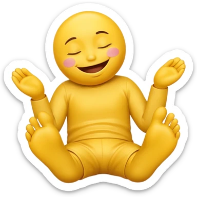 Cute 3D yellow smiley, closed eyes, smile, feet up, hands under chin, white background. sticker