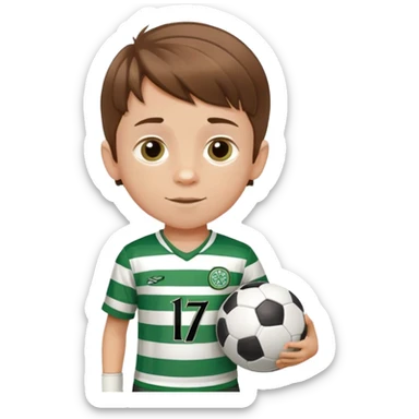 Celtic footballer jersey logo  6 years old brown hair white boy , stripes uniform , running with soccer ball # 17 sticker