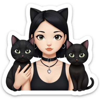 Asian girl, black hair.  Holding two BLACK cats with one cat has a round fat face. Both pure black.  The girl also wearing a black singlet, a black chocker, silver round hook earring, and wearing eyeliner.  sticker
