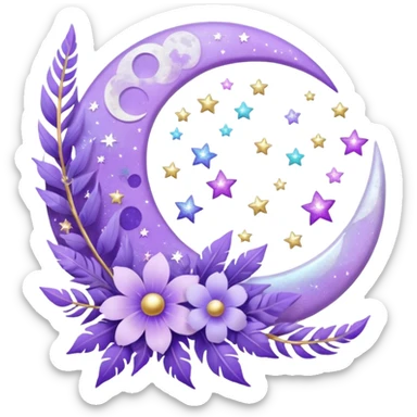 Beautiful poetic ethereal romantic aesthetic sparkly glittery shiny pretty floating pastel lilac lavender Violet -moon and flowers and leaves and feathers and sparkles and stars aesthetic deco sticker