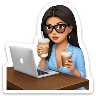 Kourtney Kardashian sitting learning on macbook in her luxury summer home, she has Rhode under eye patches and she's drinking iced latte sticker