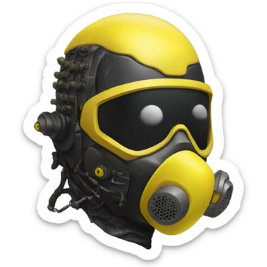 black metal cyborg head with yellow Mohawk and yellow respirator mask sticker