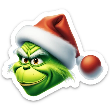 The Grinch smirking mouth closed and he’s blue with santa hat sticker
