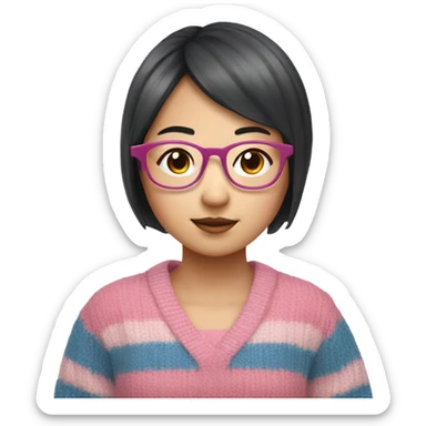 A Short hair asian girl with blue pink stripe knit with glasses on is studying sticker