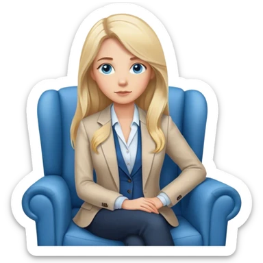 “A young female psychologist with long blonde hair and blue eyes, sitting in a cozy armchair. She is wearing a professional blazer and has a calm, attentive expression. A warm floor lamp stands beside her, casting a soft light, creating a comfortable and inviting atmosphere. sticker