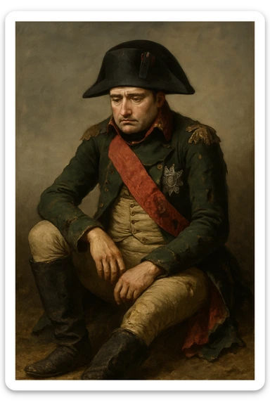 Сгенерируй мне этого наполеона, он в чуть-чуть рваной одежде, сидит и грустит. Он полностью помещается в кадр и не обрезается краями изображения. Сидит он на земле sticker