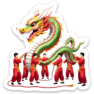 Cinematic Realistic scene of a traditional Chinese Dragon Dance featuring a team of performers skillfully manipulating a colossal, flexible dragon puppet, its intricately detailed, vibrant scales and flowing, embroidered fabric catching the light, set against a festive backdrop of red lanterns and dynamic red-tinged lighting that accentuates the majestic presence of the dragon puppet. sticker
