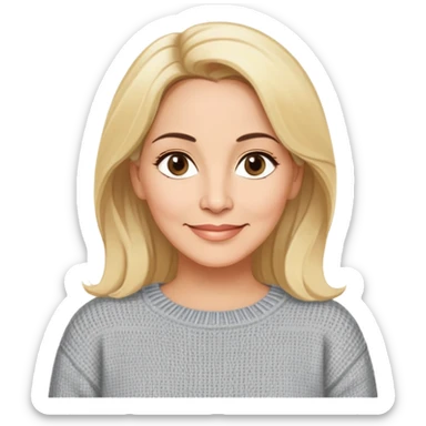 Linette Torres, 50-something Puerto Rican actress with fair complexion, extremely kind-hearted expression, bright caring eyes, soft motherly smile, blonde hair with relaxed styling, wearing a comfortable casual sweater sticker