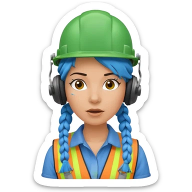 surprised construction worker blue braided haired woman wearing green helmet and headphones sticker