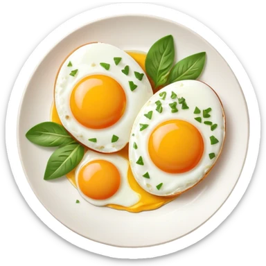 Cinematic sunny-side-up eggs, perfectly cooked with glossy yolks, crispy golden edges, sprinkled with fresh herbs, served on a rustic plate, bright and inviting, highly detailed and appetizing. sticker