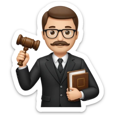 “Create a clean, modern emoji-style illustration of a male lawyer. He is wearing a formal suit jacket. He is holding a judge’s gavel (QUE SE VE DE COSTADO) in one hand and has a law book tucked under his arm. He has a mustache and beard!!, and GLASSES sticker