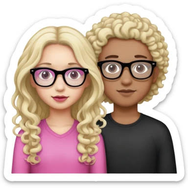 Girl with Long Curly Dark Brown Hair, Pink glasses, And a mixed skin tone. Boy with white skin tone, Long Blonde Hair and black glasses  sticker