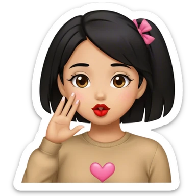 Tan girl with black hair sending kisses and cute outfit sticker