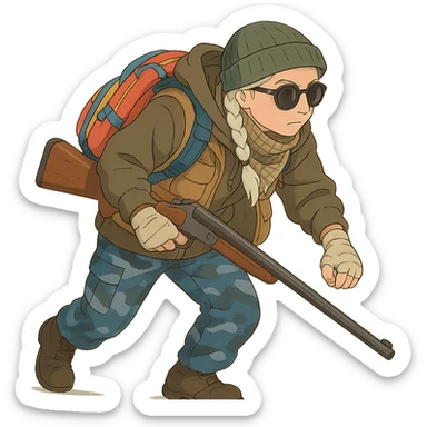 1 female, long white braid, knit cap, dark sunglasses, shemegh neckwrap, fishing vest, vibrant shool backpack, drab hoodie, handwraps, blue camo pants, Blaser Bbf-95, hunched over, on the move sticker