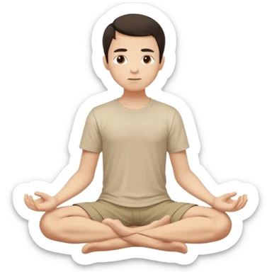 rapaz magro cabelo escuro, camiseta bege e  bermuda bege escuro, corpo inteiro meditan sticker