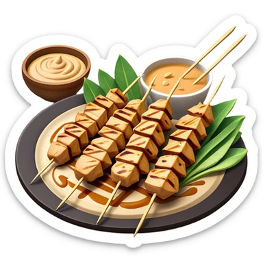 Cinematic Realistic Indonesian Chicken Satay Dish Emoji, depicted as succulent, marinated chicken skewers grilled to perfection with a subtle char, drizzled generously with a rich, creamy peanut sauce that glistens under warm, natural lighting. The vibrant textures of the tender meat and smooth, spicy sauce evoke the authentic flavors of Indonesian street food, rendered with lifelike detail and dynamic, appetizing lighting. sticker