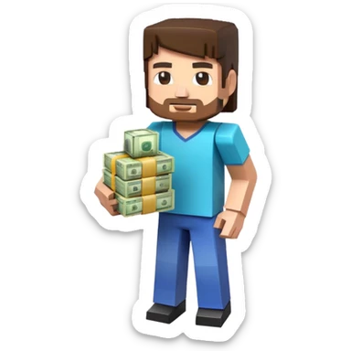 emoji style icon, minecraft blocky character holding a stack of money, pixel art style, bright colors, simple background, 3D glossy emoji, centered composition, soft shadow, high detail, clean outline, white background sticker