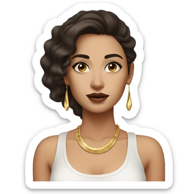 woman with long wavy dark brown hair, big dark brown eyes with thick eyelashes, thick round lips wearing a white tank top and gold earrings white sking and she is young and the hair is between wavy and straight sticker