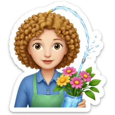 Older female florist – curly hair, spraying water on fresh flowers sticker
