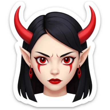 Head demon girl, strong pronounced cheekbones, sharp angular jawline, skin fully pure red everywhere, long straight sleek black hair, small horns sticker