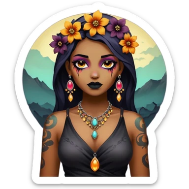 Multicolored gloomy moonshine dark edgy spooky hot warm badass realistic floral exotic Falvie-Fionbri-animal, full body, wearing jewelries sticker