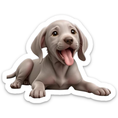 cinematic-cute-yawning-weimaraner puppy-portrait-emoji,-head-tilted-slightly-with-a-dramatic,-wide-open-yawn,-revealing-a-sleek grey fur-with-a-subtle-shimmer,-floppy-ears-slightly-drooping,-round-brown-eyes-barely-open-in-drowsy sticker