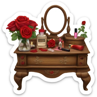Old wood vanity with red roses vintage makeup and perfume  sticker