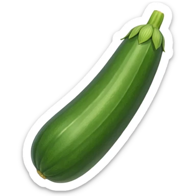 single zucchini, elongated and slightly curved, smooth dark green skin, light striations, stem end, fresh and raw, glossy, 3D-rendered, minimal, no faces, transparent background sticker