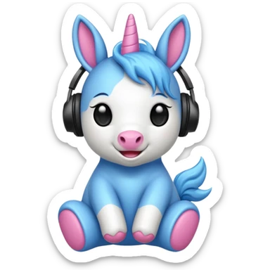 Unicornio bebé azul sentado escuchando música con auriculares negros sticker