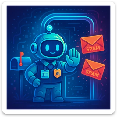 A friendly AI character as an email bouncer agent, standing at a digital doorway with a mailbox, wearing a security badge, gently blocking spam emails, futuristic and approachable sticker