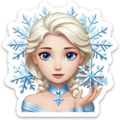 Cinematic Realistic Elsa Portrait, depicted with lifelike skin texture, soft natural lighting, and intricately detailed platinum blonde hair styled elegantly. Her striking, expressive blue eyes exude confidence and grace, complemented by a serene and regal expression. She holds a shimmering snowflake delicately in one hand, her other hand resting against her gown, embodying the power and beauty of winter. She is dressed in her signature icy attire, with shimmering fabric textures and delicate folds that catch the light beautifully. The portrait features a soft, enchanting glow with a cool, radiant finish, capturing the essence of timeless elegance in a realistic and painterly style. sticker