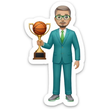 Full Body white plus size man  wearing glasses with a goatee with light brown and gray short hair basketball head Coach in blue and green suit holding trophy sticker
