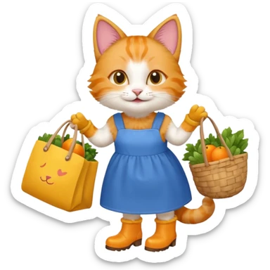 smiling-cat-in-a-blue-dress,-yellow-boots,-carrying-a-market-bag sticker