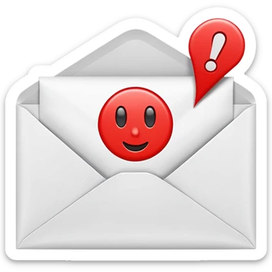 an envelope with a paper and exclamation mark sticker