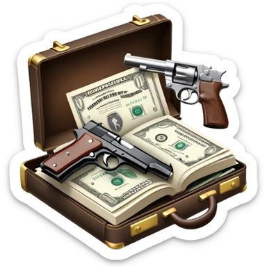 Icon for Action & Crime Reading: open book with text and picture, with a silhouette of a gun, a bag of money, and a police badge on the pages. Surrounding elements include a pair of handcuffs, a briefcase, and scattered bullet casings. Transparent background. sticker