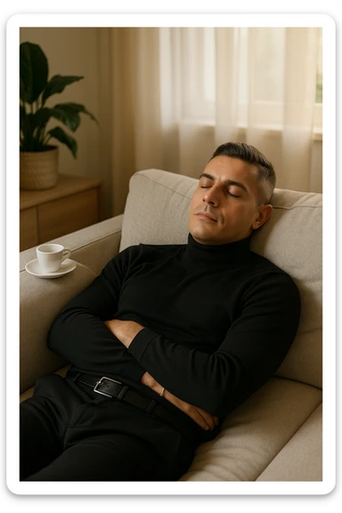 Uomo adulto in abiti casual in un ambiente domestico o ufficio tranquillo, mentre beve un caffè espresso con espressione consapevole. Subito dopo, si sdraia su un divano per un breve riposo di 20 minuti, occhi chiusi, posizione rilassata. La stanza è luminosa ma tranquilla, luce pomeridiana morbida che filtra dalla finestra. Atmosfera rigenerante e silenziosa. Accanto a lui, una tazzina vuota. Il suo viso appare calmo, in attesa del recupero energetico sticker