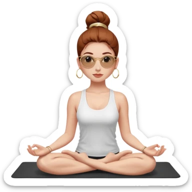 Clean girl influencer character, chest-up portrait.Sleek tight bun hair color (auburn .Natural glossy makeup, soft blush, shiny lips.Minimal white tank top, small gold hoop earrings, delicate gold necklace.Black sunglasses on head.Rolled yoga mat hanging over her shoulder. sticker