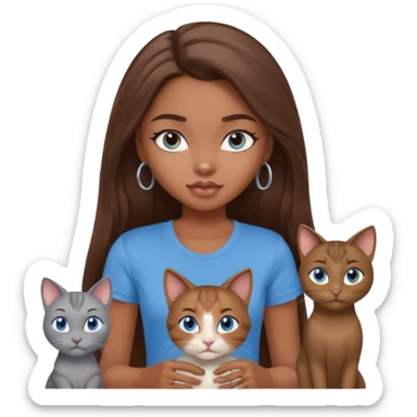 a pretty bratz dusky girl with long brown hair, blue eyes with six cats nd wearing a grey tshirt sticker