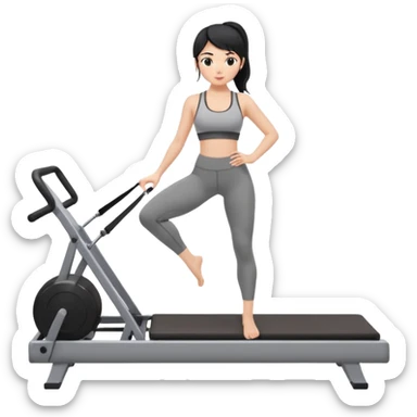 Fair-skinned black hair girl wearing grey workout set in leggings and bra doing pilates on a reformer sticker