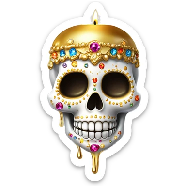 Realistic white sugar skull decorated with colorful rhinestones with a tall metallic gold candle on top of its head dripping down melted metallic gold wax down the skull sticker