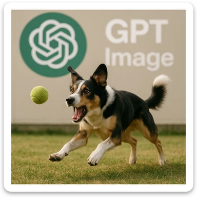  logo of chat gpt with text "GPT Image" on the background of a dog chasing ball, realistic image sticker