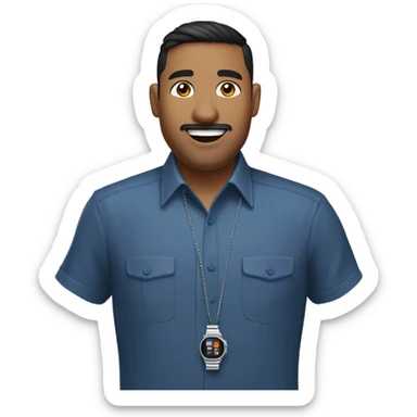 navajo  emoji of a man with short dark hair, clean-shaven, goatee and mustache.  wearing a formal button-up DARK blue shirt,  smiling  with a smartwatch on his wrist. and small silver chain necklace  resemble professional attire. smaller eyes  sticker