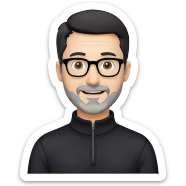 Caucasian man with very short black hair, short graying beard, large black eyeglasses, cheerful expression, black long sleeve shirt with quarter zip at collar sticker