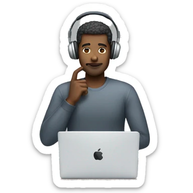 man in headphones talking hold laptop and phone only upper part of body  sticker