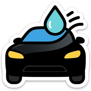 full high-end vehicle icon with glossy black mirror-like paint, water droplet sliding on the hood or roof, subtle repellent effect with water lines moving away, modern and clean style sticker