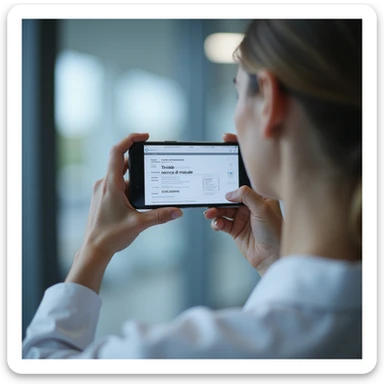 hyperrealistic 4K image of a woman photographing a medical prescription with a smartphone, the text 'Tiroide secca di maiale' clearly visible on the screen, modern clinical environment sticker