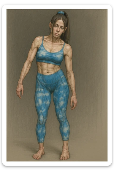 Realistic style illustration of a woman in sportswear with an asymmetric posture showing evident postural problems. The anatomy is clearly visible with muscles and joints emphasized. The background is neutral and the format is vertical, inspired by the reference photo. sticker